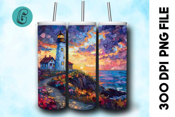 Oil Paint Lighthouse Tumbler Wrap 28: Illustrations & Graphics