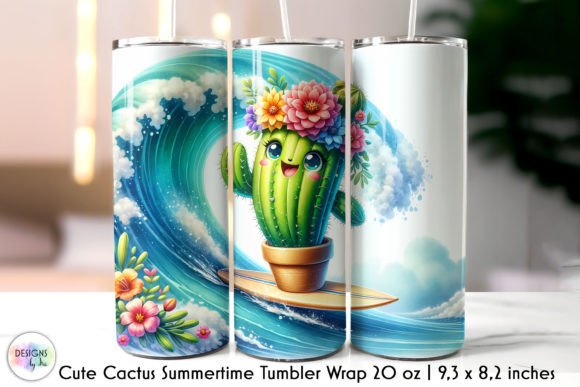 Surfing Cactus Cute Summer Tumbler Wrap Graphics