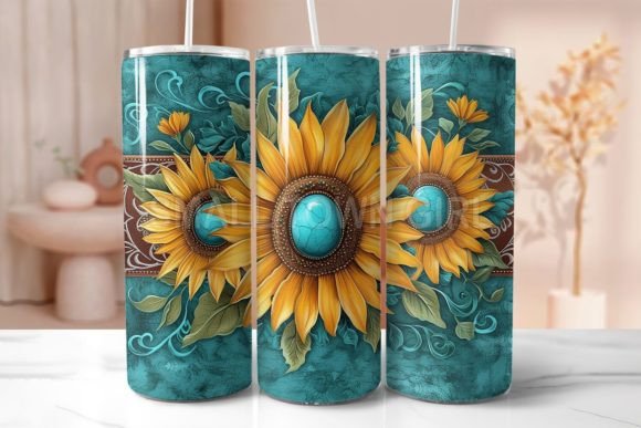 Tooled Leather Sunflower Tumbler PNG 10: Graphics for Warm, Authentic Tumbler Wraps